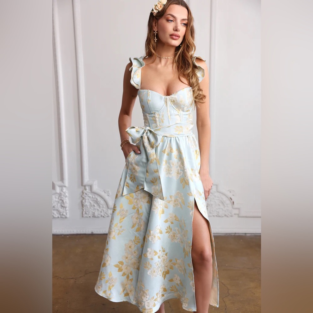 V. Chapman Sky Blue and Gold Floral Midi Dress - Picture 3 of 15